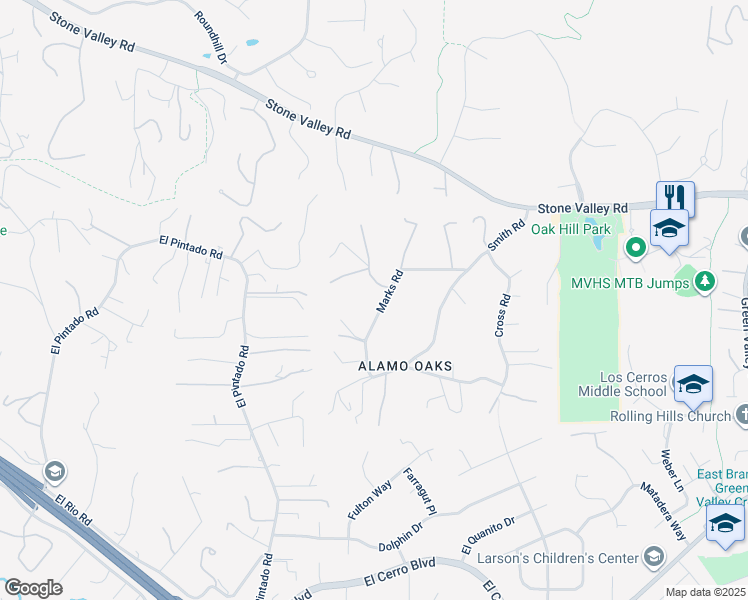 map of restaurants, bars, coffee shops, grocery stores, and more near 117 Dean Road in Alamo