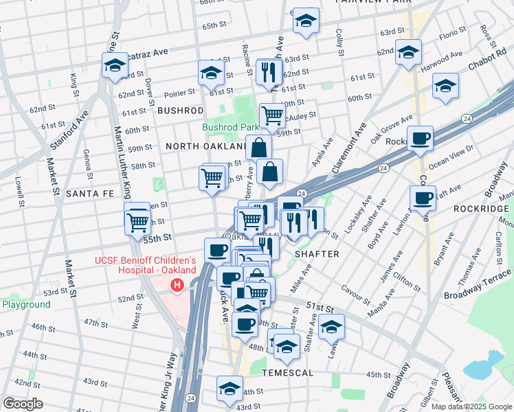 map of restaurants, bars, coffee shops, grocery stores, and more near 5627 Telegraph Avenue in Oakland
