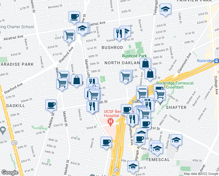 map of restaurants, bars, coffee shops, grocery stores, and more near 662 Aileen Street in Oakland