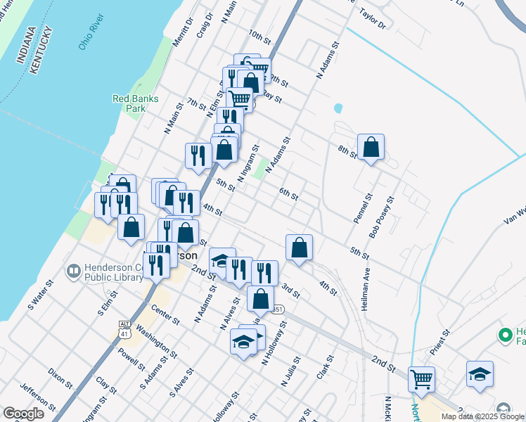 map of restaurants, bars, coffee shops, grocery stores, and more near 604 5th Street in Henderson