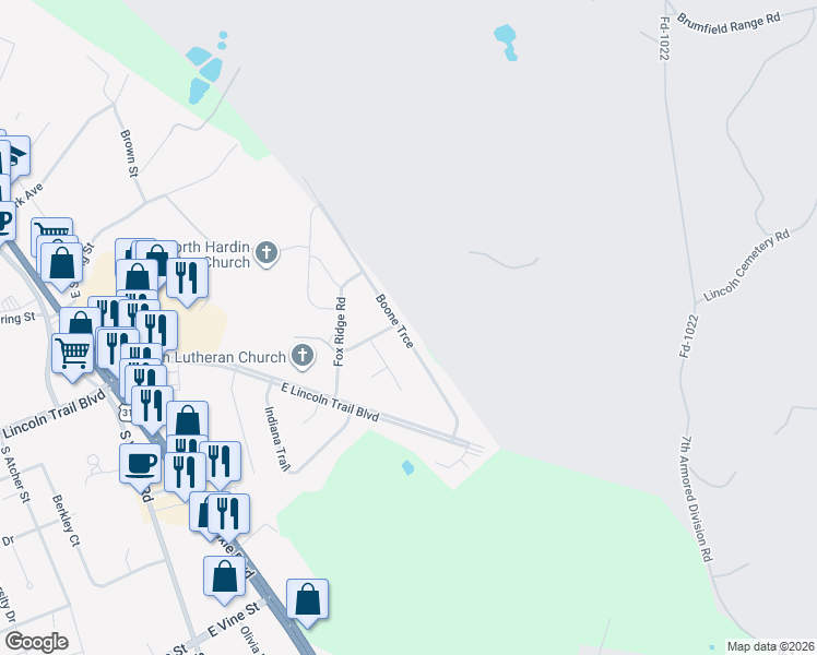 map of restaurants, bars, coffee shops, grocery stores, and more near 150 Boone Trce in Radcliff