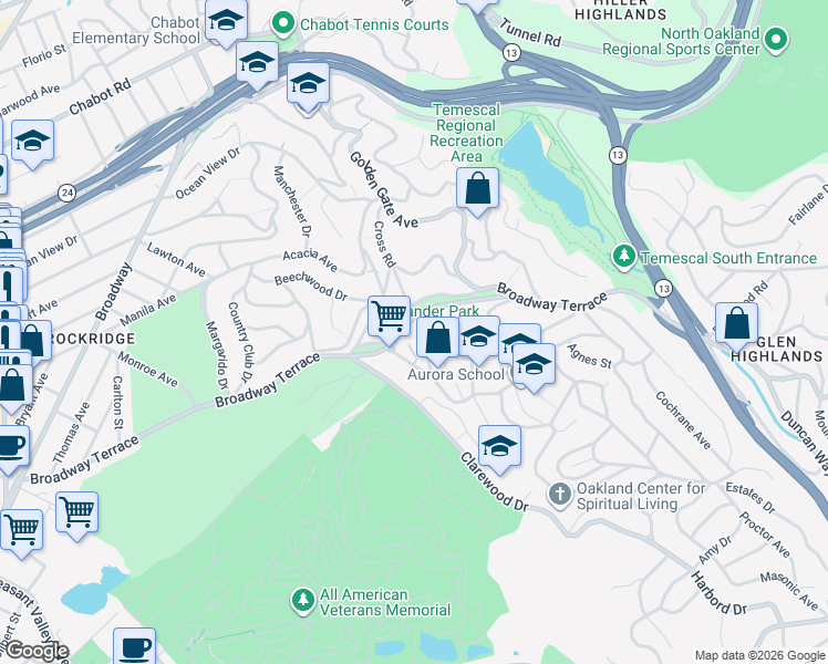 map of restaurants, bars, coffee shops, grocery stores, and more near 85 Buckeye Avenue in Oakland