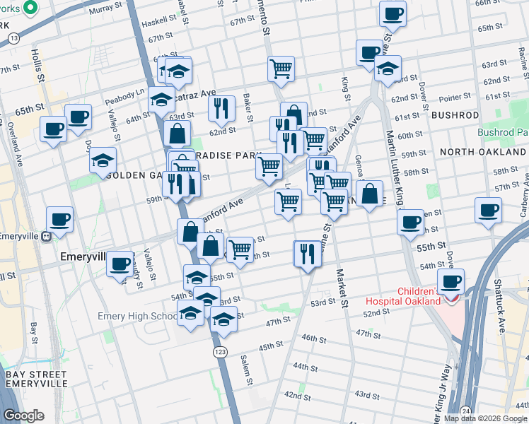 map of restaurants, bars, coffee shops, grocery stores, and more near in Oakland