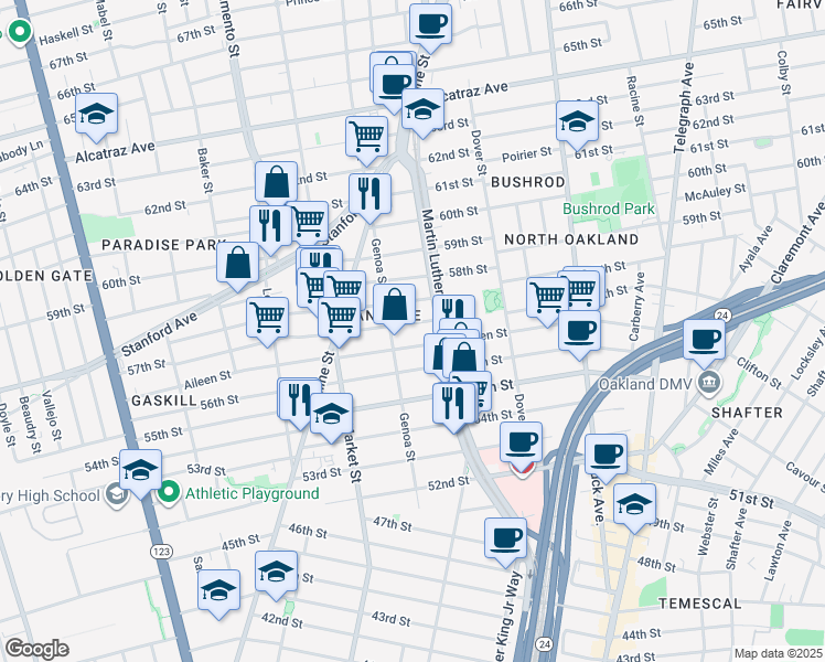 map of restaurants, bars, coffee shops, grocery stores, and more near 822 57th Street in Oakland