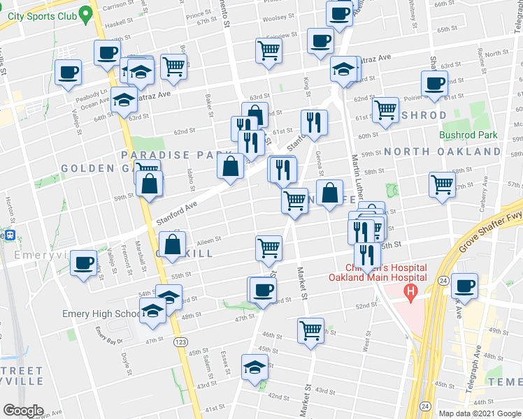 map of restaurants, bars, coffee shops, grocery stores, and more near 929 Arlington Avenue in Oakland