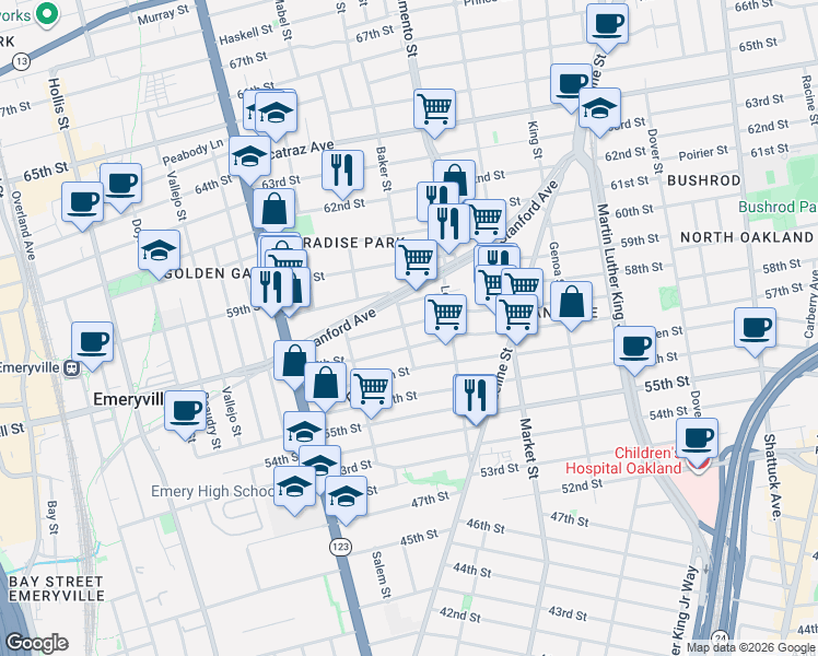 map of restaurants, bars, coffee shops, grocery stores, and more near in Oakland