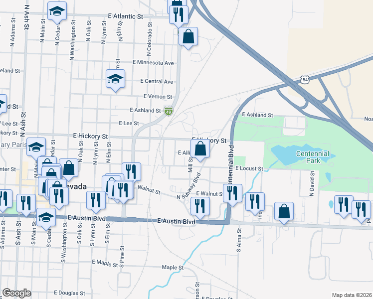 map of restaurants, bars, coffee shops, grocery stores, and more near 920 East Hickory Street in Nevada