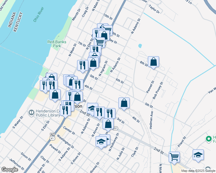 map of restaurants, bars, coffee shops, grocery stores, and more near 604 5th Street in Henderson