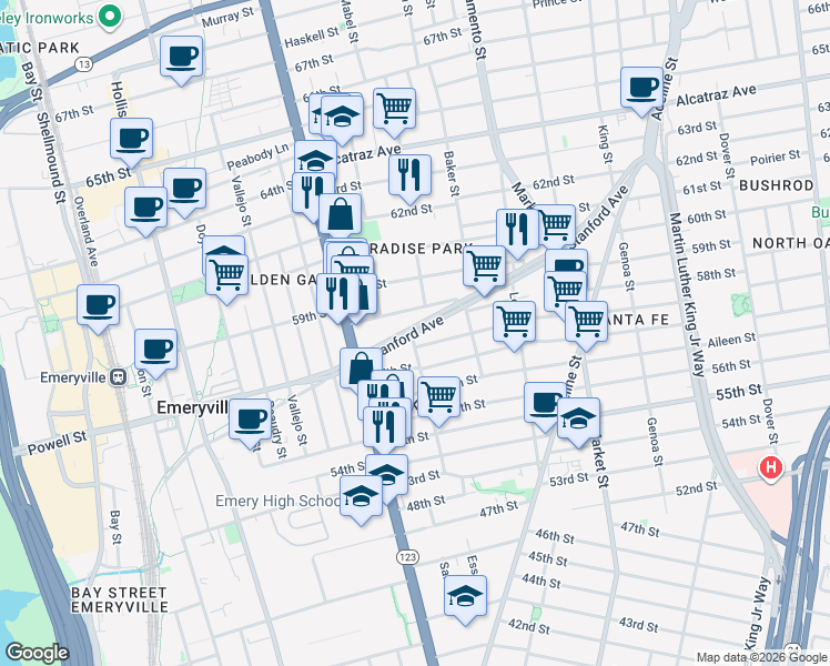 map of restaurants, bars, coffee shops, grocery stores, and more near 1060 Stanford Avenue in Oakland