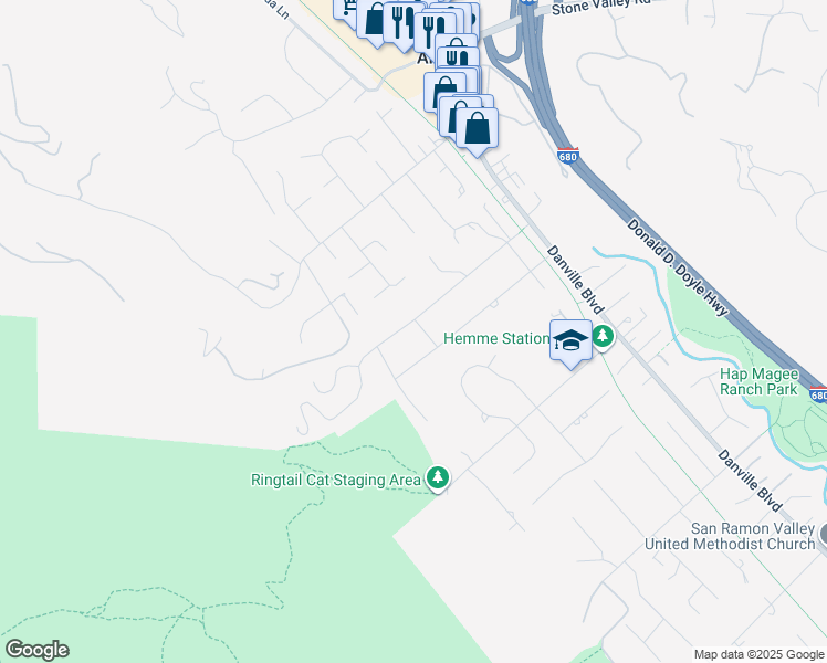 map of restaurants, bars, coffee shops, grocery stores, and more near 4 La Serena Way in Alamo