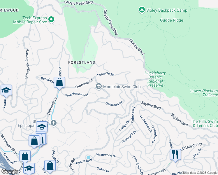 map of restaurants, bars, coffee shops, grocery stores, and more near 6609 Thornhill Drive in Oakland