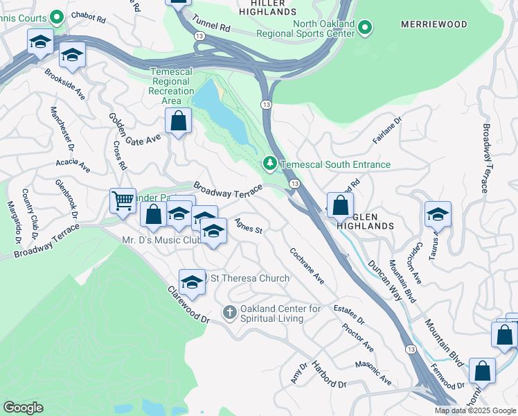 map of restaurants, bars, coffee shops, grocery stores, and more near 39 Sheridan Road in Oakland
