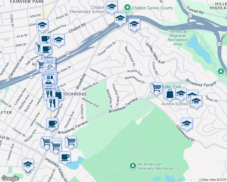 map of restaurants, bars, coffee shops, grocery stores, and more near 5711 Country Club Drive in Oakland