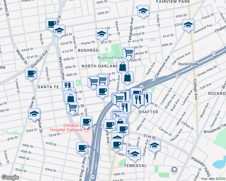 map of restaurants, bars, coffee shops, grocery stores, and more near 562 Aileen Street in Oakland
