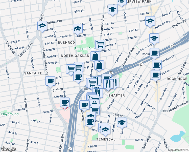 map of restaurants, bars, coffee shops, grocery stores, and more near 506 Aileen Street in Oakland
