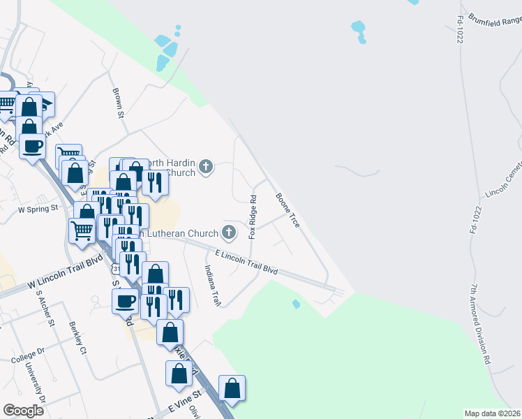 map of restaurants, bars, coffee shops, grocery stores, and more near 504 Fox Ridge Road in Radcliff
