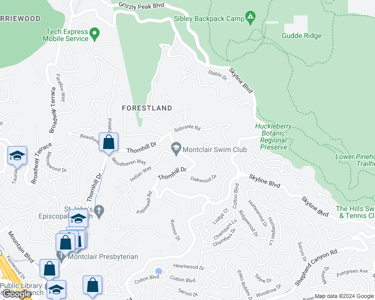 map of restaurants, bars, coffee shops, grocery stores, and more near 6609 Thornhill Drive in Oakland