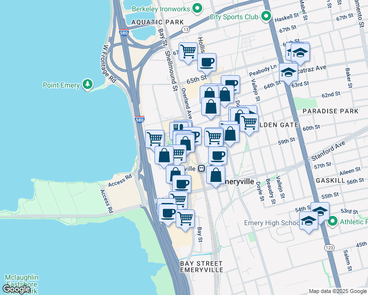 map of restaurants, bars, coffee shops, grocery stores, and more near 5959 Shellmound Street in Emeryville