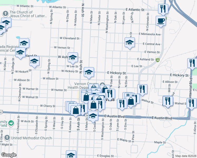 map of restaurants, bars, coffee shops, grocery stores, and more near 123 East Allison Street in Nevada