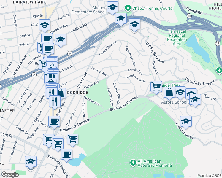 map of restaurants, bars, coffee shops, grocery stores, and more near 5710 Margarido Drive in Oakland