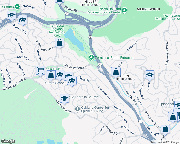 map of restaurants, bars, coffee shops, grocery stores, and more near 39 Sheridan Road in Oakland