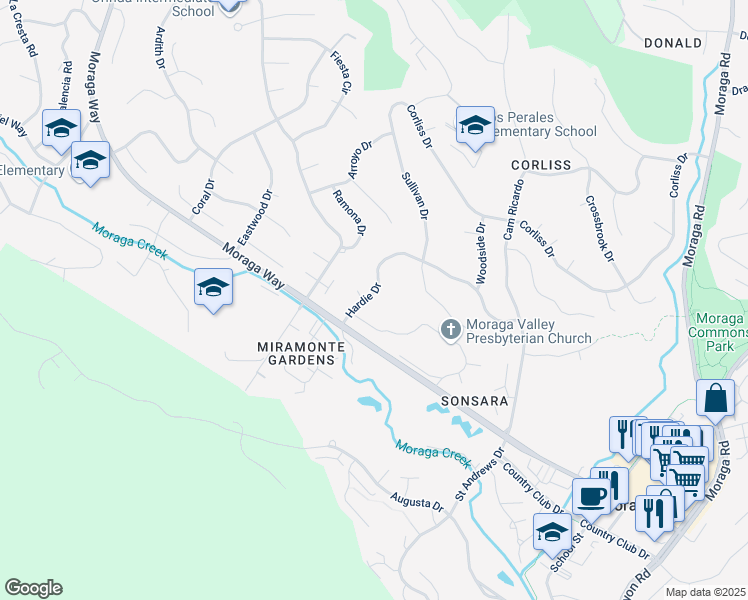 map of restaurants, bars, coffee shops, grocery stores, and more near 26 Hardie Drive in Moraga