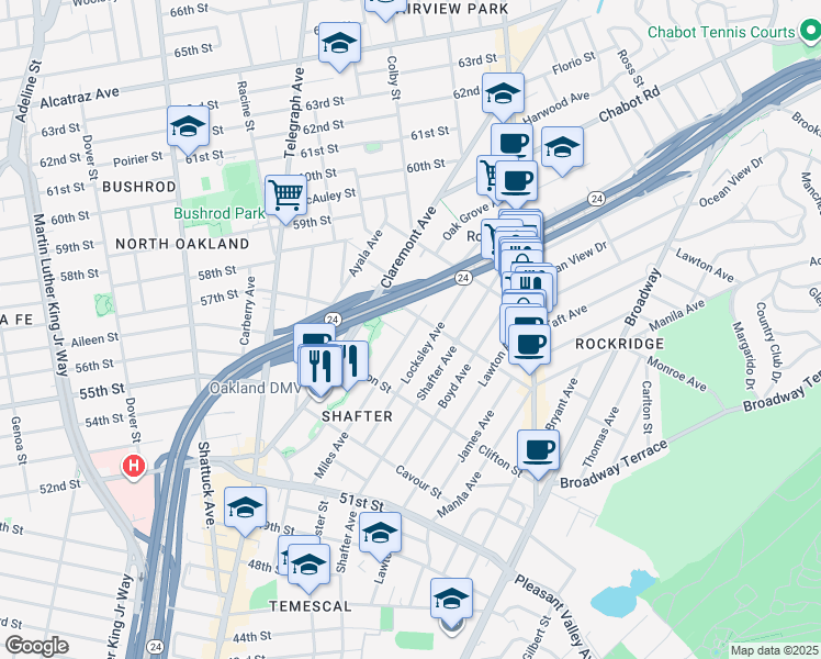 map of restaurants, bars, coffee shops, grocery stores, and more near 5392 Miles Avenue in Oakland