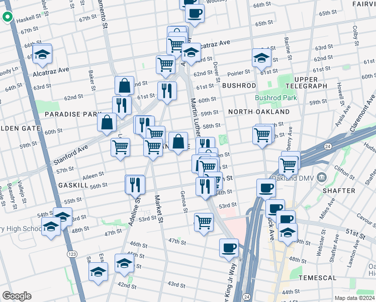map of restaurants, bars, coffee shops, grocery stores, and more near 822 57th Street in Oakland