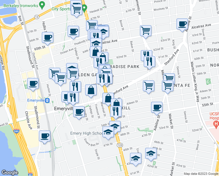map of restaurants, bars, coffee shops, grocery stores, and more near 1097 59th Street in Oakland
