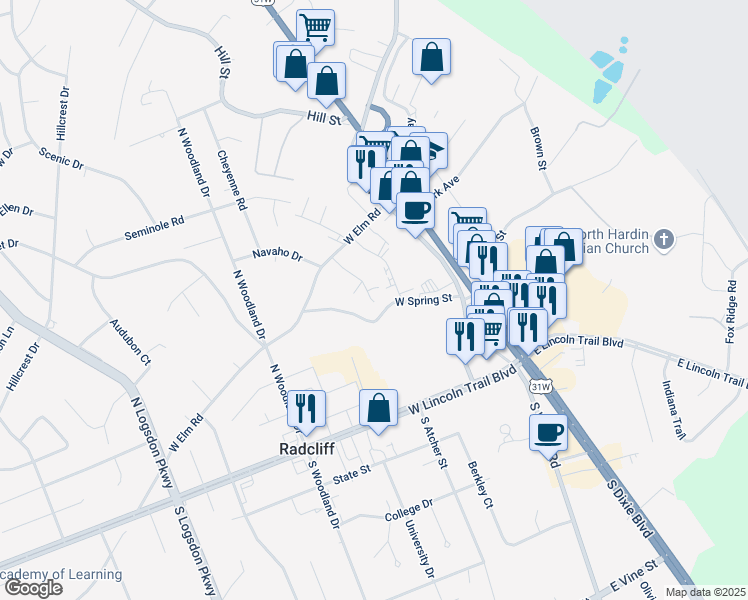 map of restaurants, bars, coffee shops, grocery stores, and more near 246 Elmwood Drive in Radcliff