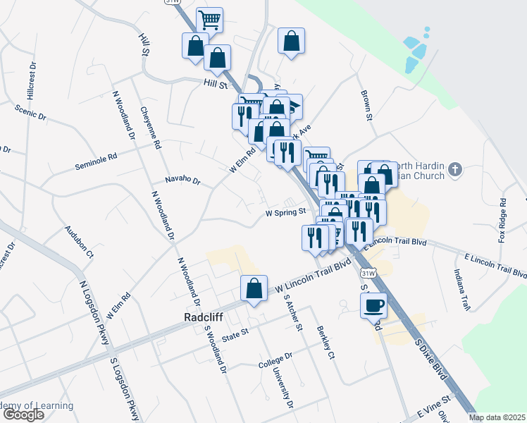 map of restaurants, bars, coffee shops, grocery stores, and more near 246 Elmwood Drive in Radcliff