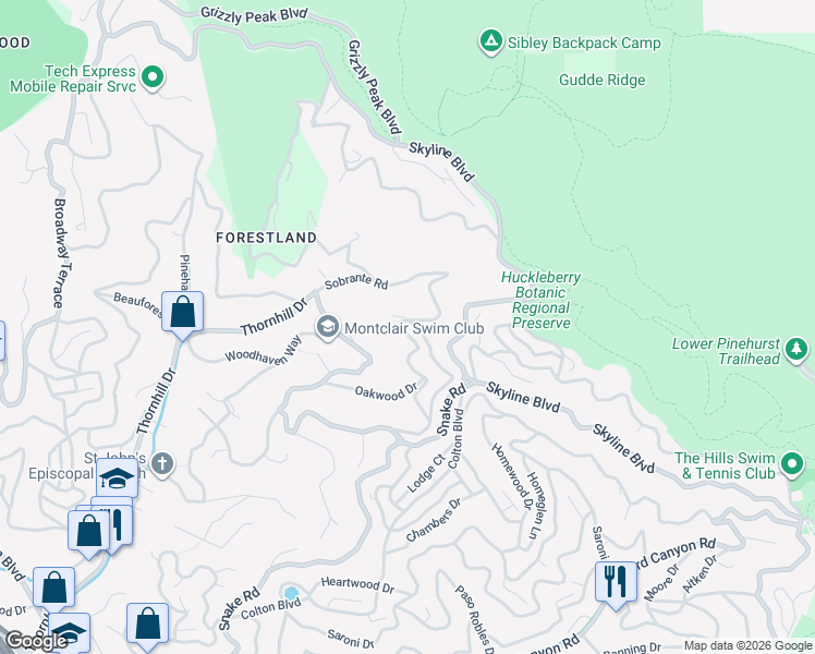map of restaurants, bars, coffee shops, grocery stores, and more near 6666 Oakwood Drive in Oakland