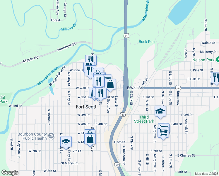 map of restaurants, bars, coffee shops, grocery stores, and more near Market in Fort Scott