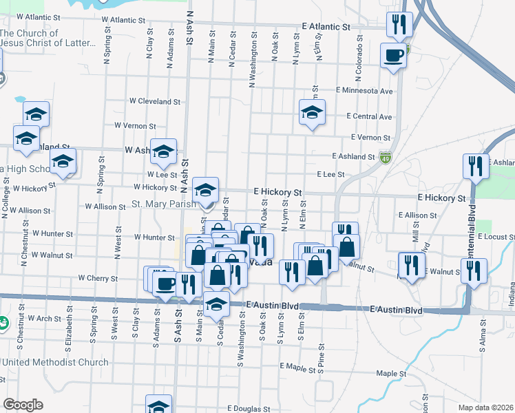 map of restaurants, bars, coffee shops, grocery stores, and more near 217 East Allison Street in Nevada