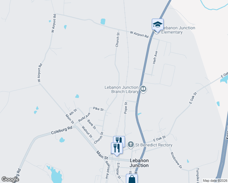 map of restaurants, bars, coffee shops, grocery stores, and more near 571 Church Street in Lebanon Junction