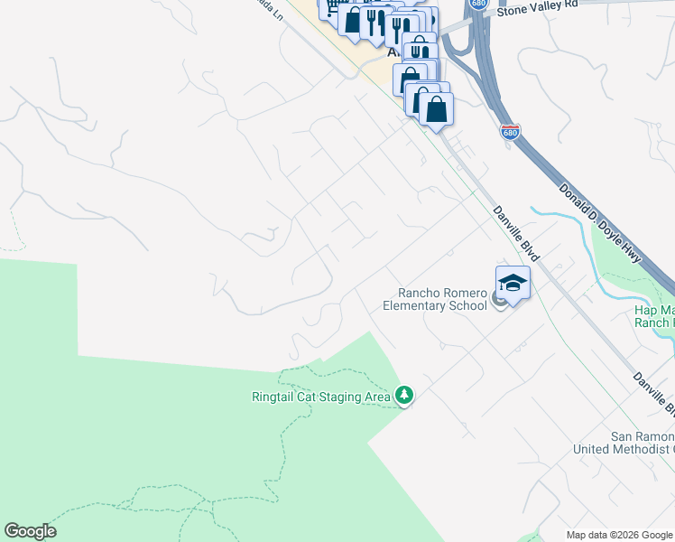 map of restaurants, bars, coffee shops, grocery stores, and more near 80 Lark Place in Alamo