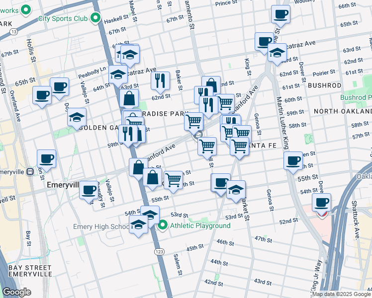 map of restaurants, bars, coffee shops, grocery stores, and more near 5757 Los Angeles Street in Oakland