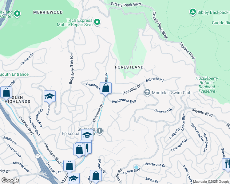 map of restaurants, bars, coffee shops, grocery stores, and more near 6333 Thornhill Drive in Oakland