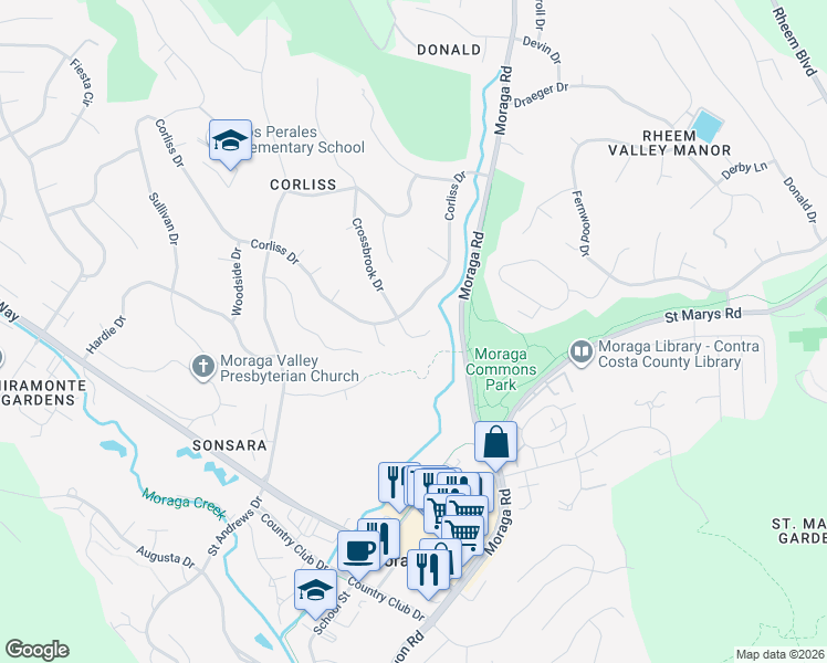 map of restaurants, bars, coffee shops, grocery stores, and more near 833 Crossbrook Court in Moraga