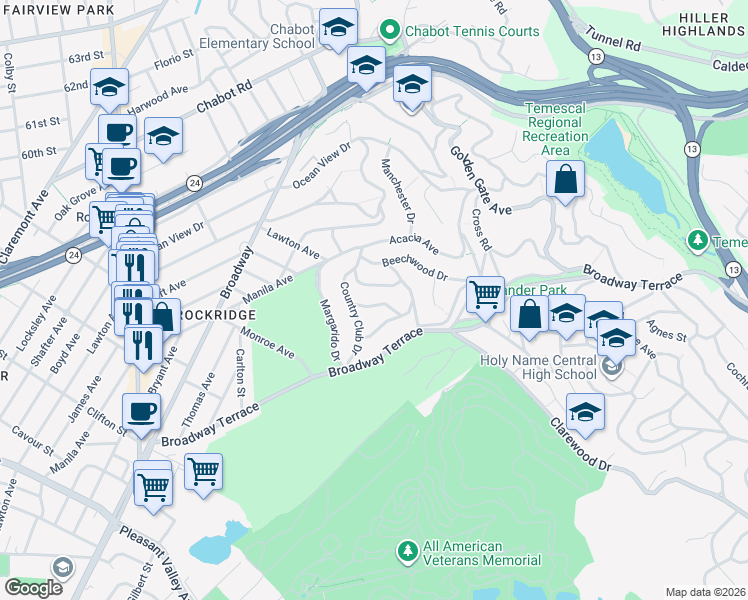 map of restaurants, bars, coffee shops, grocery stores, and more near 30 Lincolnshire Drive in Oakland