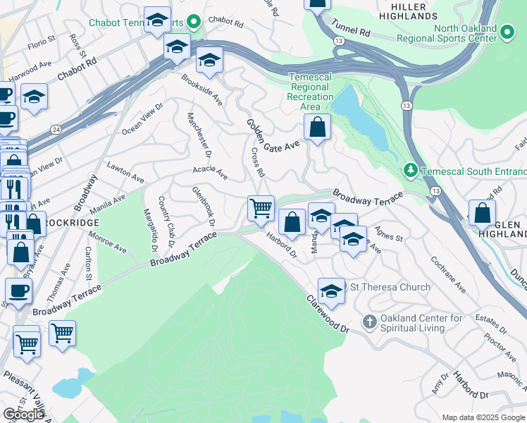 map of restaurants, bars, coffee shops, grocery stores, and more near 5932 Ostrander Road in Oakland