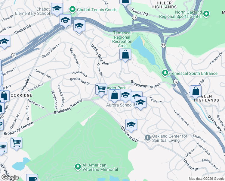 map of restaurants, bars, coffee shops, grocery stores, and more near 85 Buckeye Avenue in Oakland