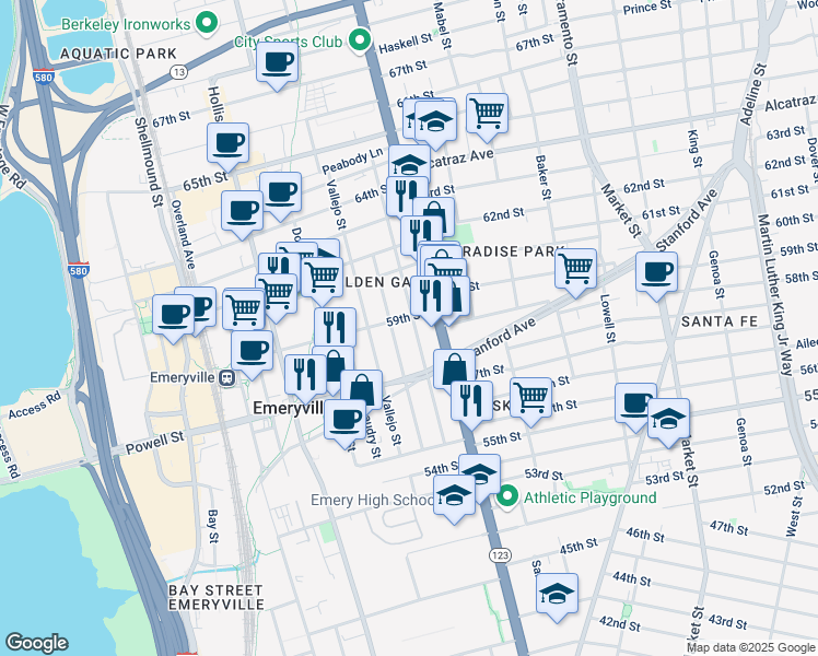 map of restaurants, bars, coffee shops, grocery stores, and more near 5865 Marshall Street in Oakland