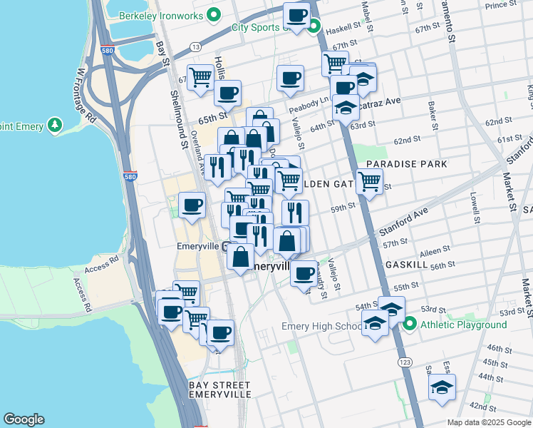 map of restaurants, bars, coffee shops, grocery stores, and more near 5900 Hollis Street in Emeryville