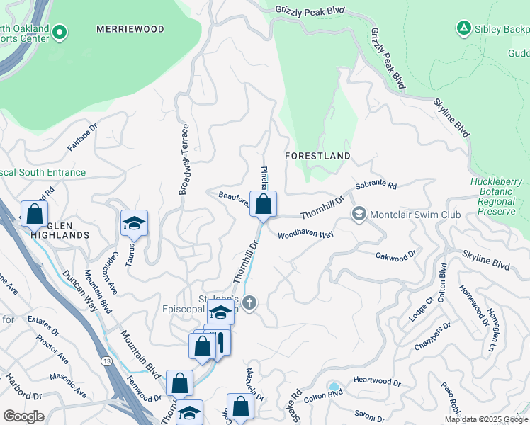 map of restaurants, bars, coffee shops, grocery stores, and more near 272 Beauforest Drive in Oakland