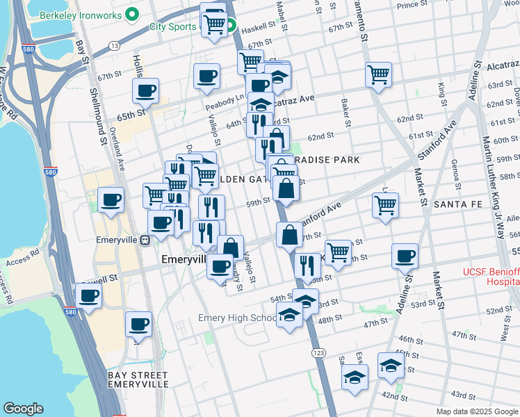map of restaurants, bars, coffee shops, grocery stores, and more near 5865 Marshall Street in Oakland
