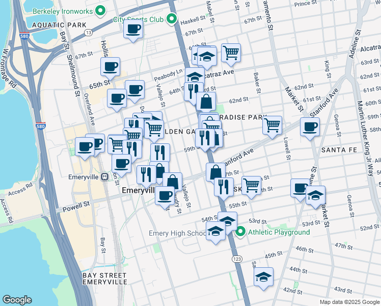 map of restaurants, bars, coffee shops, grocery stores, and more near 5865 Marshall Street in Oakland