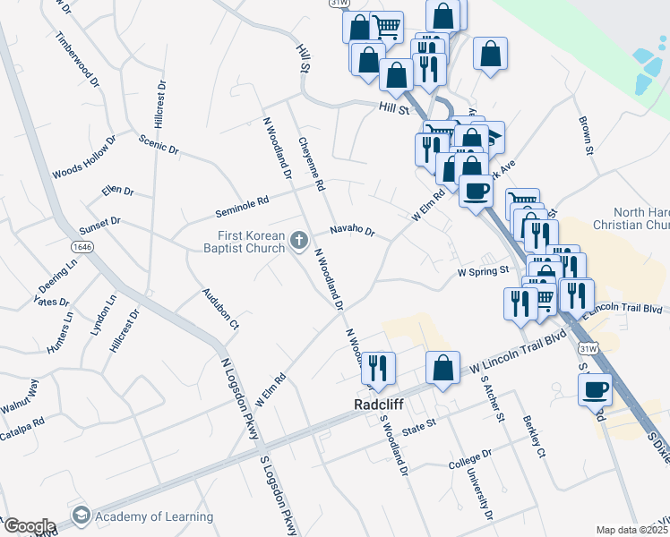 map of restaurants, bars, coffee shops, grocery stores, and more near 430 North Woodland Drive in Radcliff