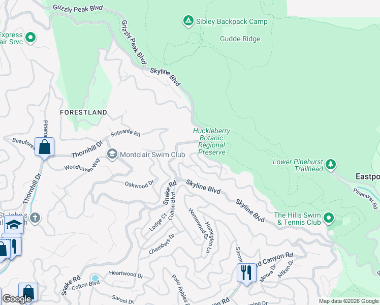 map of restaurants, bars, coffee shops, grocery stores, and more near 58 Villanova Drive in Oakland