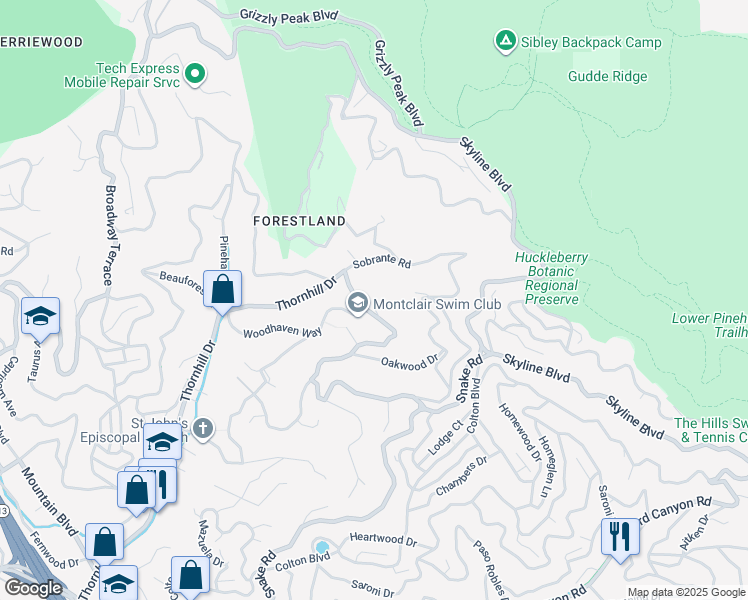map of restaurants, bars, coffee shops, grocery stores, and more near 6595 Thornhill Drive in Oakland
